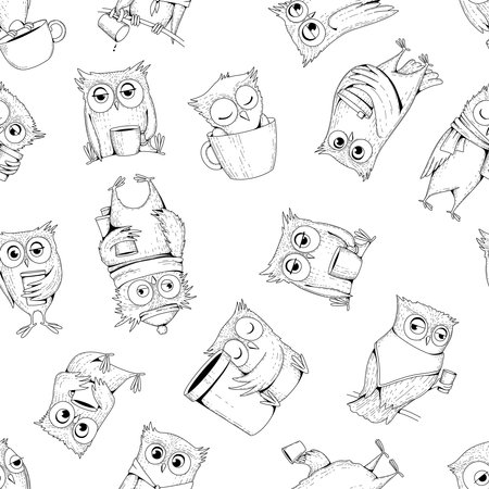 Owl pattern. Seamless background with cartoon comic birds owlsのイラスト素材