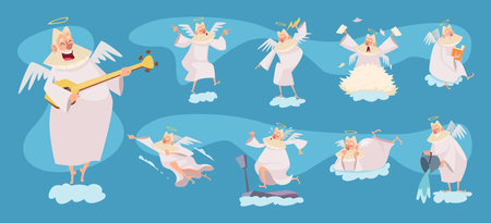 Old man on cloud. Holy elderly character with beard different action poses exact vector funny character of angelsのイラスト素材