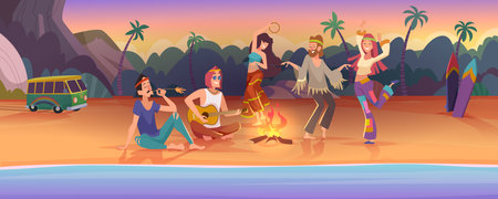 Hippie landscape. Freedom people happy hippie lifestyle exact vector cartoon woodstock backgroundのイラスト素材