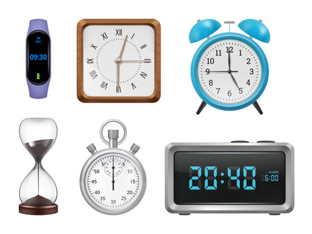 Clock. Hand watch different types of clocks decent vector realistic set isolatedのイラスト素材