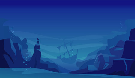 Graveyard of ships. ocean dark underwater landscape with damaged ships. Vector backgroundのイラスト素材