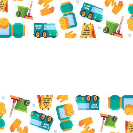 Laundry background. cleaning service print design template with pictures of brushes detergents rags vacuum cleanerのイラスト素材