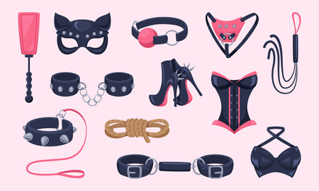 Fetish adults. Role play bdsm game stuff exact vector erotic collectionのイラスト素材