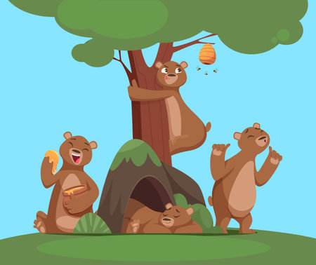 Bear group. Funny cartoon bear in woods eating playing sleeping. Vector cartoon backgroundのイラスト素材