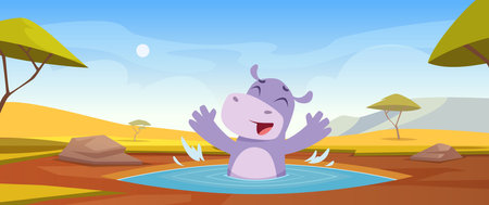 Hippo background. Cartoon african savanna with wild hippo animals exact vector templates setのイラスト素材