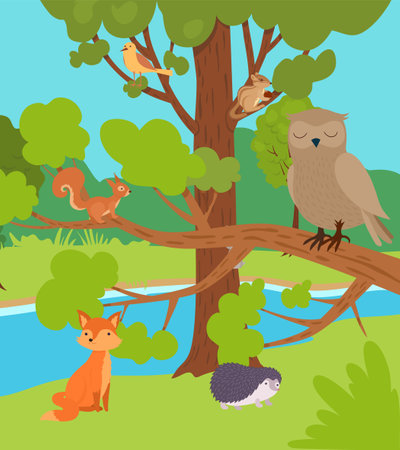 Forest animals. outdoor forest landscape trees and bushes animals fox owl birds hedgehog. Vector cartoon backgroundのイラスト素材