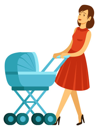 Woman pushing baby carriage. Beautiful young mother walkingのイラスト素材