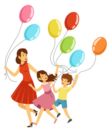 Mother and kids running with colorful balloons. Happy peopleのイラスト素材