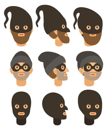 Criminal man face set. Thiefs and robbersのイラスト素材