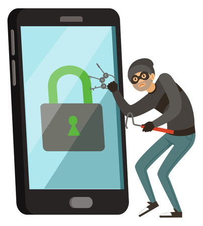 Hacker breaking locked smartphone. Cyber crime conceptのイラスト素材