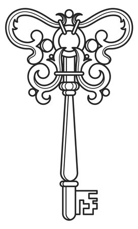 Vintage key with filigree drawing. Treasure medieval iconのイラスト素材