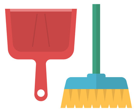 Sweeping broom with dustpan. Color dust cleaning iconのイラスト素材