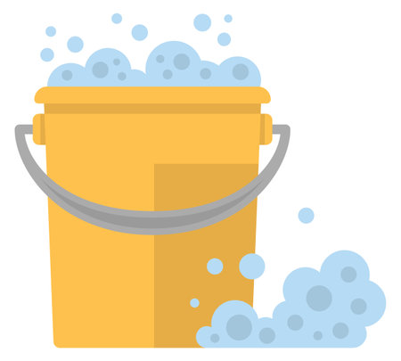 Plastic bucket with soap foam. Cleaning color symbolのイラスト素材