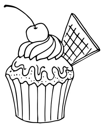 Cherry cupcake doodle. Sweet cream muffin sketchのイラスト素材
