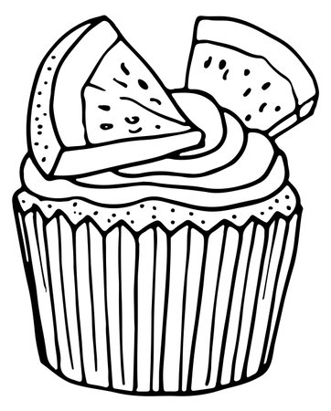 Fresh fruit cupcake icon. Black line muffin doodleのイラスト素材