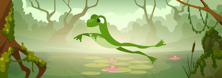 Cartoon frog background. Wild animal in lake exact vector frog jumpingのイラスト素材