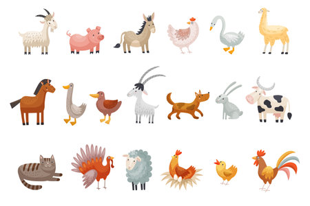 Farm animals. Different animals set cow horse sheep ram recent vector stylized pictures setのイラスト素材