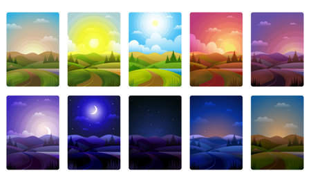 Day parts. Background of noon morning day and night recent vector cartoon landscape with weather horizonのイラスト素材