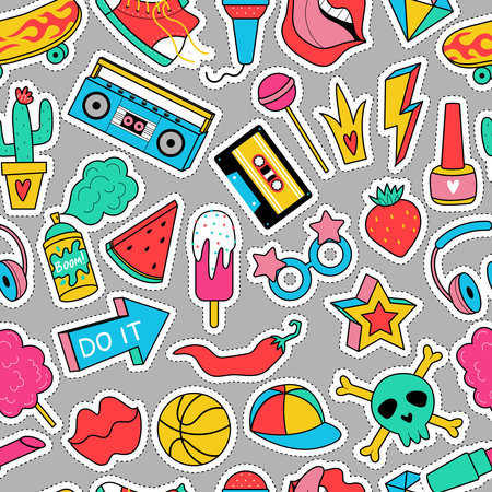 Stickers pattern. Sticky retro labels fashioned teenage items recent vector seamless backgroundのイラスト素材