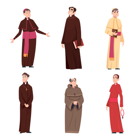 Catholic church. Religion catholic person male and female characters pastor catholicism leader in authentic clothes exact vector cartoon peopleのイラスト素材