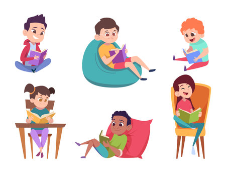 Kids reading books. Happy little people holding walking and sitting with books education in library exact vector cartoon templateのイラスト素材