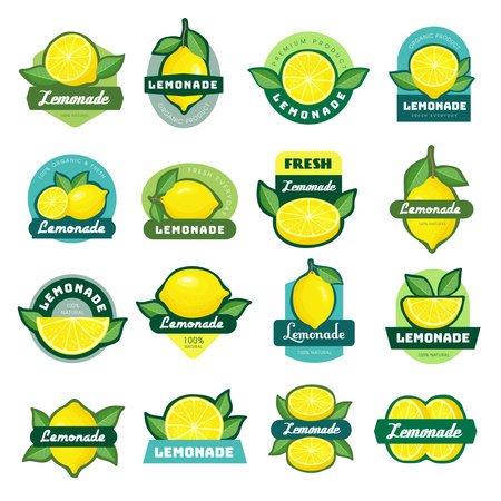 Lemonade labels. Sticky decorative tags or badges with lemon pictures recent vector labels for fresh juiceのイラスト素材