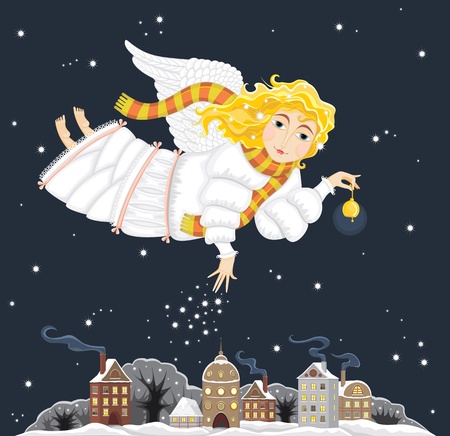 The girl an angel with a fair hair in a white dress and a striped scarf with a gold hand bell in hands flies over a night small city. Christmas card.のイラスト素材