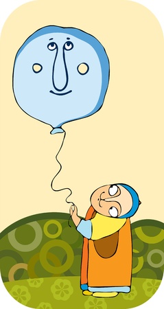 little boy in orange overalls with an blue balloon stands on a gladeのイラスト素材