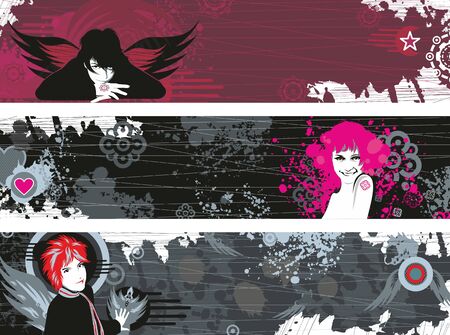 Three grunge banners with faces of girls and a place for the textのイラスト素材