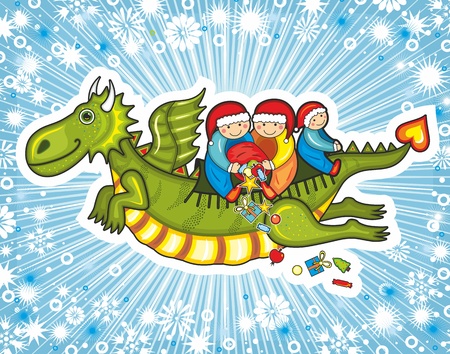 Green flying dragon with children sitting on his back with a bag of giftsのイラスト素材