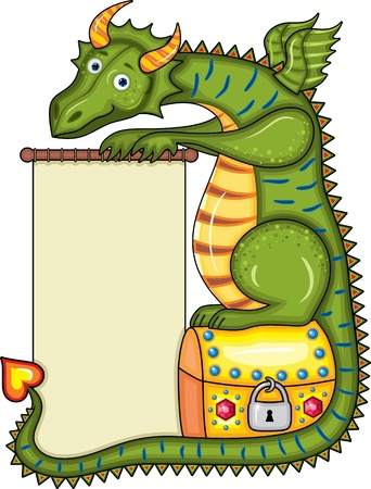 Green dragon sits on a gold chest with a scroll in pawsのイラスト素材