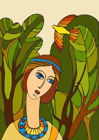 Portrait of the girl against wood and a flying birdのイラスト素材