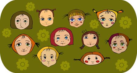 Set of nice faces of little girls on a green backgroundのイラスト素材