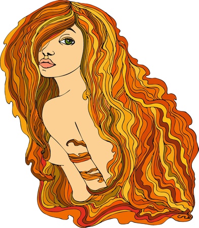 Portrait of the beautiful red-haired girl with long on a white backgroundのイラスト素材