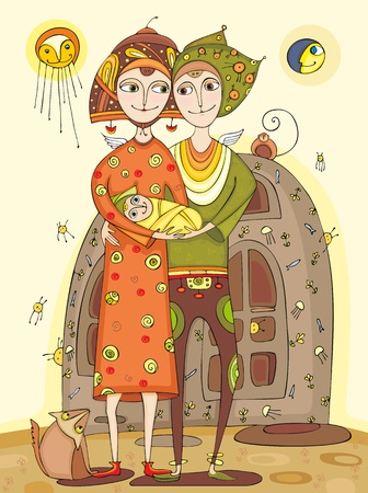 Happy parents with the child on hands near the houseのイラスト素材