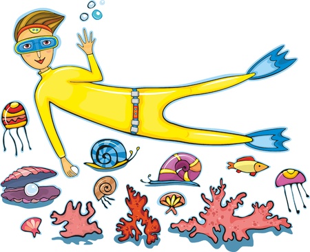 The diver in a yellow suit with a pearl in hands and sea inhabitants on a white background. Elements for designのイラスト素材
