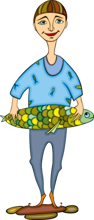 fisherman in a blue shirt with the big fish in handsのイラスト素材