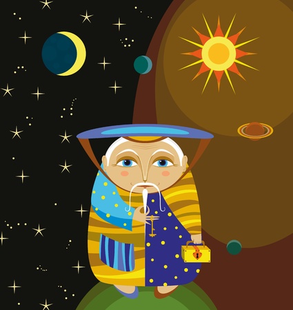 The old wizard with gold chests in spaceのイラスト素材