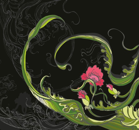 Red poppy to twirled by leaves on a black backgroundのイラスト素材