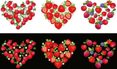Set of hearts made of fruit and berries on a white and black backgroundのイラスト素材