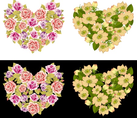 Two different heart  made of roses on a white and black backgroundのイラスト素材