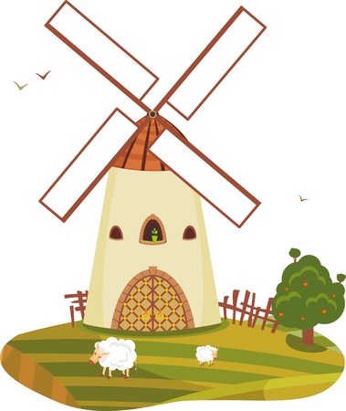 Rural landscape with a windmill an apple-tree and sheepのイラスト素材