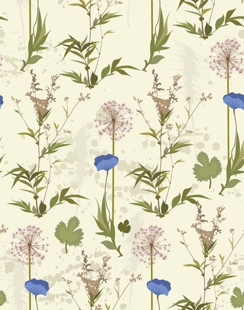 Seamless background with field plants and blue poppies on a yellow backgroundのイラスト素材