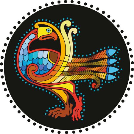 Multi-colored bright bird in a black circleのイラスト素材