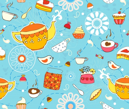 Seamless background with a teapot, cups and cakesのイラスト素材