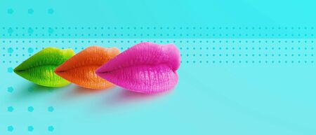 Lips. Fashion Concept Lipstick. Multicolored lips. Modern minimal art. 3D illustration.