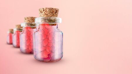 Decorative heart background with lot of valentines hearts. Red crochet heart in glass bottle, Love concept, Valentine's Day, 3d illustrationの写真素材