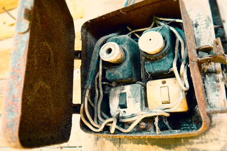Old electric power supply boxes. Industrial background. Electricity short circuit, Electrical...