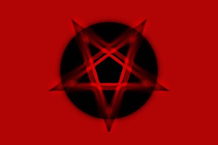 Reversed Pentagram symbol. Wiccan symbols- Cross of Sulfur.Blood red runic spell circle. Satanic sign, Magic casting ring. Pentalpha, Pentangle. 3d illustration.の写真素材