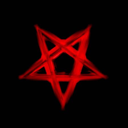 Reversed Pentagram symbol. Wiccan symbols- Cross of Sulfur.Blood red runic spell circle. Satanic sign, Magic casting ring. Pentalpha, Pentangle. 3d illustration.の写真素材